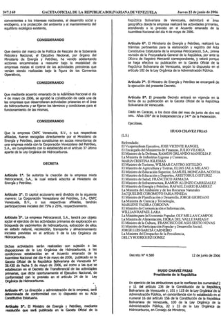Decreto Nº 4.580, Mediante El Cual Se Autoriza La CreacióN De La Empresa Mixta Petrorinoco, S.A