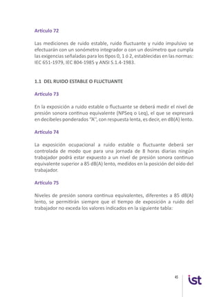 45
Artículo 72
Las mediciones de ruido estable, ruido fluctuante y ruido impulsivo se
efectuarán con un sonómetro integrador o con un dosímetro que cumpla
las exigencias señaladas para los tipos 0, 1 ó 2, establecidas en las normas:
IEC 651-1979, IEC 804-1985 y ANSI S.1.4-1983.
1.1 DEL RUIDO ESTABLE O FLUCTUANTE
Artículo 73
En la exposición a ruido estable o fluctuante se deberá medir el nivel de
presión sonora continuo equivalente (NPSeq o Leq), el que se expresará
en decibeles ponderados ‘’A’’, con respuesta lenta, es decir, en dB(A) lento.
Artículo 74
La exposición ocupacional a ruido estable o fluctuante deberá ser
controlada de modo que para una jornada de 8 horas diarias ningún
trabajador podrá estar expuesto a un nivel de presión sonora continuo
equivalente superior a 85 dB(A) lento, medidos en la posición del oído del
trabajador.
Artículo 75
Niveles de presión sonora continua equivalentes, diferentes a 85 dB(A)
lento, se permitirán siempre que el tiempo de exposición a ruido del
trabajador no exceda los valores indicados en la siguiente tabla:
 