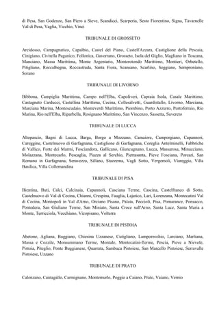 di Pesa, San Godenzo, San Piero a Sieve, Scandicci, Scarperia, Sesto Fiorentino, Signa, Tavarnelle
Val di Pesa, Vaglia, Vicchio, Vinci

                                   TRIBUNALE DI GROSSETO

Arcidosso, Campagnatico, Capalbio, Castel del Piano, Castell'Azzara, Castiglione della Pescaia,
Cinigiano, Civitella Paganico, Follonica, Gavorrano, Grosseto, Isola del Giglio, Magliano in Toscana,
Manciano, Massa Marittima, Monte Argentario, Monterotondo Marittimo, Montieri, Orbetello,
Pitigliano, Roccalbegna, Roccastrada, Santa Fiora, Scansano, Scarlino, Seggiano, Semproniano,
Sorano

                                    TRIBUNALE DI LIVORNO

Bibbona, Campiglia Marittima, Campo nell'Elba, Capoliveri, Capraia Isola, Casale Marittimo,
Castagneto Carducci, Castellina Marittima, Cecina, Collesalvetti, Guardistallo, Livorno, Marciana,
Marciana Marina, Montescudaio, Monteverdi Marittimo, Piombino, Porto Azzurro, Portoferraio, Rio
Marina, Rio nell'Elba, Riparbella, Rosignano Marittimo, San Vincenzo, Sassetta, Suvereto

                                     TRIBUNALE DI LUCCA

Altopascio, Bagni di Lucca, Barga, Borgo a Mozzano, Camaiore, Camporgiano, Capannori,
Careggine, Castelnuovo di Garfagnana, Castiglione di Garfagnana, Coreglia Antelminelli, Fabbriche
di Vallico, Forte dei Marmi, Fosciandora, Gallicano, Giuncugnano, Lucca, Massarosa, Minucciano,
Molazzana, Montecarlo, Pescaglia, Piazza al Serchio, Pietrasanta, Pieve Fosciana, Porcari, San
Romano in Garfagnana, Seravezza, Sillano, Stazzema, Vagli Sotto, Vergemoli, Viareggio, Villa
Basilica, Villa Collemandina

                                      TRIBUNALE DI PISA

Bientina, Buti, Calci, Calcinaia, Capannoli, Casciana Terme, Cascina, Castelfranco di Sotto,
Castelnuovo di Val di Cecina, Chianni, Crespina, Fauglia, Lajatico, Lari, Lorenzana, Montecatini Val
di Cecina, Montopoli in Val d'Arno, Orciano Pisano, Palaia, Peccioli, Pisa, Pomarance, Ponsacco,
Pontedera, San Giuliano Terme, San Miniato, Santa Croce sull'Arno, Santa Luce, Santa Maria a
Monte, Terricciola, Vecchiano, Vicopisano, Volterra

                                    TRIBUNALE DI PISTOIA

Abetone, Agliana, Buggiano, Chiesina Uzzanese, Cutigliano, Lamporecchio, Larciano, Marliana,
Massa e Cozzile, Monsummano Terme, Montale, Montecatini-Terme, Pescia, Pieve a Nievole,
Pistoia, Piteglio, Ponte Buggianese, Quarrata, Sambuca Pistoiese, San Marcello Pistoiese, Serravalle
Pistoiese, Uzzano

                                     TRIBUNALE DI PRATO

Calenzano, Cantagallo, Carmignano, Montemurlo, Poggio a Caiano, Prato, Vaiano, Vernio
 