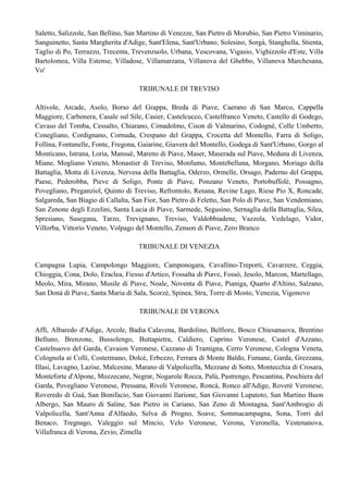 Saletto, Salizzole, San Bellino, San Martino di Venezze, San Pietro di Morubio, San Pietro Viminario,
Sanguinetto, Santa Margherita d'Adige, Sant'Elena, Sant'Urbano, Solesino, Sorgà, Stanghella, Stienta,
Taglio di Po, Terrazzo, Trecenta, Trevenzuolo, Urbana, Vescovana, Vigasio, Vighizzolo d'Este, Villa
Bartolomea, Villa Estense, Villadose, Villamarzana, Villanova del Ghebbo, Villanova Marchesana,
Vo'

                                    TRIBUNALE DI TREVISO

Altivole, Arcade, Asolo, Borso del Grappa, Breda di Piave, Caerano di San Marco, Cappella
Maggiore, Carbonera, Casale sul Sile, Casier, Castelcucco, Castelfranco Veneto, Castello di Godego,
Cavaso del Tomba, Cessalto, Chiarano, Cimadolmo, Cison di Valmarino, Codognè, Colle Umberto,
Conegliano, Cordignano, Cornuda, Crespano del Grappa, Crocetta del Montello, Farra di Soligo,
Follina, Fontanelle, Fonte, Fregona, Gaiarine, Giavera del Montello, Godega di Sant'Urbano, Gorgo al
Monticano, Istrana, Loria, Mansuè, Mareno di Piave, Maser, Maserada sul Piave, Meduna di Livenza,
Miane, Mogliano Veneto, Monastier di Treviso, Monfumo, Montebelluna, Morgano, Moriago della
Battaglia, Motta di Livenza, Nervesa della Battaglia, Oderzo, Ormelle, Orsago, Paderno del Grappa,
Paese, Pederobba, Pieve di Soligo, Ponte di Piave, Ponzano Veneto, Portobuffolè, Possagno,
Povegliano, Preganziol, Quinto di Treviso, Refrontolo, Resana, Revine Lago, Riese Pio X, Roncade,
Salgareda, San Biagio di Callalta, San Fior, San Pietro di Feletto, San Polo di Piave, San Vendemiano,
San Zenone degli Ezzelini, Santa Lucia di Piave, Sarmede, Segusino, Sernaglia della Battaglia, Silea,
Spresiano, Susegana, Tarzo, Trevignano, Treviso, Valdobbiadene, Vazzola, Vedelago, Vidor,
Villorba, Vittorio Veneto, Volpago del Montello, Zenson di Piave, Zero Branco

                                    TRIBUNALE DI VENEZIA

Campagna Lupia, Campolongo Maggiore, Camponogara, Cavallino-Treporti, Cavarzere, Ceggia,
Chioggia, Cona, Dolo, Eraclea, Fiesso d'Artico, Fossalta di Piave, Fossò, Jesolo, Marcon, Martellago,
Meolo, Mira, Mirano, Musile di Piave, Noale, Noventa di Piave, Pianiga, Quarto d'Altino, Salzano,
San Donà di Piave, Santa Maria di Sala, Scorzè, Spinea, Stra, Torre di Mosto, Venezia, Vigonovo

                                    TRIBUNALE DI VERONA

Affi, Albaredo d'Adige, Arcole, Badia Calavena, Bardolino, Belfiore, Bosco Chiesanuova, Brentino
Belluno, Brenzone, Bussolengo, Buttapietra, Caldiero, Caprino Veronese, Castel d'Azzano,
Castelnuovo del Garda, Cavaion Veronese, Cazzano di Tramigna, Cerro Veronese, Cologna Veneta,
Colognola ai Colli, Costermano, Dolcè, Erbezzo, Ferrara di Monte Baldo, Fumane, Garda, Grezzana,
Illasi, Lavagno, Lazise, Malcesine, Marano di Valpolicella, Mezzane di Sotto, Montecchia di Crosara,
Monteforte d'Alpone, Mozzecane, Negrar, Nogarole Rocca, Palù, Pastrengo, Pescantina, Peschiera del
Garda, Povegliano Veronese, Pressana, Rivoli Veronese, Roncà, Ronco all'Adige, Roverè Veronese,
Roveredo di Guà, San Bonifacio, San Giovanni Ilarione, San Giovanni Lupatoto, San Martino Buon
Albergo, San Mauro di Saline, San Pietro in Cariano, San Zeno di Montagna, Sant'Ambrogio di
Valpolicella, Sant'Anna d'Alfaedo, Selva di Progno, Soave, Sommacampagna, Sona, Torri del
Benaco, Tregnago, Valeggio sul Mincio, Velo Veronese, Verona, Veronella, Vestenanova,
Villafranca di Verona, Zevio, Zimella
 