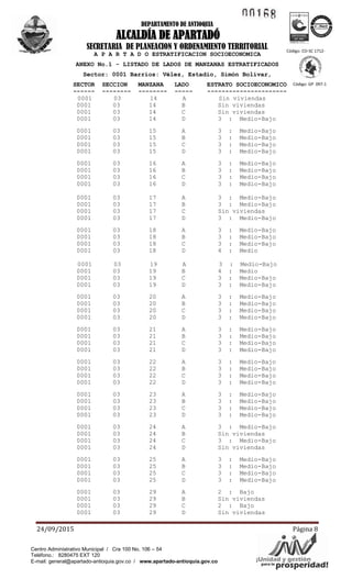 1!.1~ ~
Á'YAV/¡Unidad yogsepste'~'idad!para la pr
ICO .... TEC o
ea~···~
DEPARTAMENTO DE ANTIOQUIA
ALCALDÍA DE APARTADÓ
SECRETARIA DE PLANEACION Y ORDENAMIENTO TERRITORIAL
24/09/2015 Página 8
Código: CO-SC 1712-
1
Código: GP 097-1
Centro Administrativo Municipal / Cra 100 No. 106 – 54
Teléfono.: 8280475 EXT 120
E-mail: general@apartado-antioquia.gov.co / www.apartado-antioquia.gov.co
A P A R T A D O ESTRATIFICACION SOCIOECONOMICA
ANEXO No.1 - LISTADO DE LADOS DE MANZANAS ESTRATIFICADOS
Sector: 0001 Barrios: Vélez, Estadio, Simón Bolívar,
SECTOR SECCION MANZANA LADO ESTRATO SOCIOECONOMICO
------ -------- -------- ----- ----------------------
0001 03 14 A Sin viviendas
0001 03 14 B Sin viviendas
0001 03 14 C Sin viviendas
0001 03 14 D 3 : Medio-Bajo
0001 03 15 A 3 : Medio-Bajo
0001 03 15 B 3 : Medio-Bajo
0001 03 15 C 3 : Medio-Bajo
0001 03 15 D 3 : Medio-Bajo
0001 03 16 A 3 : Medio-Bajo
0001 03 16 B 3 : Medio-Bajo
0001 03 16 C 3 : Medio-Bajo
0001 03 16 D 3 : Medio-Bajo
0001 03 17 A 3 : Medio-Bajo
0001 03 17 B 3 : Medio-Bajo
0001 03 17 C Sin viviendas
0001 03 17 D 3 : Medio-Bajo
0001 03 18 A 3 : Medio-Bajo
0001 03 18 B 3 : Medio-Bajo
0001 03 18 C 3 : Medio-Bajo
0001 03 18 D 4 : Medio
0001 03 19 A 3 : Medio-Bajo
0001 03 19 B 4 : Medio
0001 03 19 C 3 : Medio-Bajo
0001 03 19 D 3 : Medio-Bajo
0001 03 20 A 3 : Medio-Bajo
0001 03 20 B 3 : Medio-Bajo
0001 03 20 C 3 : Medio-Bajo
0001 03 20 D 3 : Medio-Bajo
0001 03 21 A 3 : Medio-Bajo
0001 03 21 B 3 : Medio-Bajo
0001 03 21 C 3 : Medio-Bajo
0001 03 21 D 3 : Medio-Bajo
0001 03 22 A 3 : Medio-Bajo
0001 03 22 B 3 : Medio-Bajo
0001 03 22 C 3 : Medio-Bajo
0001 03 22 D 3 : Medio-Bajo
0001 03 23 A 3 : Medio-Bajo
0001 03 23 B 3 : Medio-Bajo
0001 03 23 C 3 : Medio-Bajo
0001 03 23 D 3 : Medio-Bajo
0001 03 24 A 3 : Medio-Bajo
0001 03 24 B Sin viviendas
0001 03 24 C 3 : Medio-Bajo
0001 03 24 D Sin viviendas
0001 03 25 A 3 : Medio-Bajo
0001 03 25 B 3 : Medio-Bajo
0001 03 25 C 3 : Medio-Bajo
0001 03 25 D 3 : Medio-Bajo
0001 03 29 A 2 : Bajo
0001 03 29 B Sin viviendas
0001 03 29 C 2 : Bajo
0001 03 29 D Sin viviendas
 