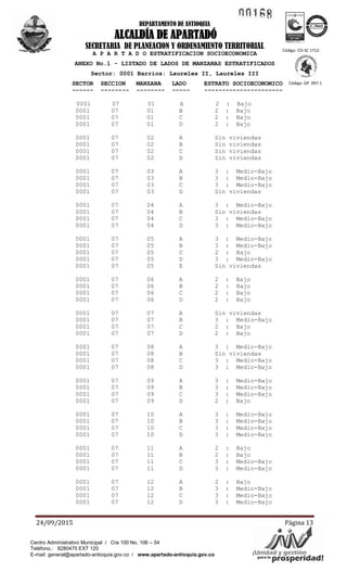 1!.1~ ~
Á'YAV/¡Unidad yogsepste'~'idad!para la pr
ICO .... TEC o
ea~···~
DEPARTAMENTO DE ANTIOQUIA
ALCALDÍA DE APARTADÓ
SECRETARIA DE PLANEACION Y ORDENAMIENTO TERRITORIAL
24/09/2015 Página 13
Código: CO-SC 1712-
1
Código: GP 097-1
Centro Administrativo Municipal / Cra 100 No. 106 – 54
Teléfono.: 8280475 EXT 120
E-mail: general@apartado-antioquia.gov.co / www.apartado-antioquia.gov.co
A P A R T A D O ESTRATIFICACION SOCIOECONOMICA
ANEXO No.1 - LISTADO DE LADOS DE MANZANAS ESTRATIFICADOS
Sector: 0001 Barrios: Laureles II, Laureles III
SECTOR SECCION MANZANA LADO ESTRATO SOCIOECONOMICO
------ -------- -------- ----- ----------------------
0001 07 01 A 2 : Bajo
0001 07 01 B 2 : Bajo
0001 07 01 C 2 : Bajo
0001 07 01 D 2 : Bajo
0001 07 02 A Sin viviendas
0001 07 02 B Sin viviendas
0001 07 02 C Sin viviendas
0001 07 02 D Sin viviendas
0001 07 03 A 3 : Medio-Bajo
0001 07 03 B 3 : Medio-Bajo
0001 07 03 C 3 : Medio-Bajo
0001 07 03 D Sin viviendas
0001 07 04 A 3 : Medio-Bajo
0001 07 04 B Sin viviendas
0001 07 04 C 3 : Medio-Bajo
0001 07 04 D 3 : Medio-Bajo
0001 07 05 A 3 : Medio-Bajo
0001 07 05 B 3 : Medio-Bajo
0001 07 05 C 2 : Bajo
0001 07 05 D 3 : Medio-Bajo
0001 07 05 E Sin viviendas
0001 07 06 A 2 : Bajo
0001 07 06 B 2 : Bajo
0001 07 06 C 2 : Bajo
0001 07 06 D 2 : Bajo
0001 07 07 A Sin viviendas
0001 07 07 B 3 : Medio-Bajo
0001 07 07 C 2 : Bajo
0001 07 07 D 2 : Bajo
0001 07 08 A 3 : Medio-Bajo
0001 07 08 B Sin viviendas
0001 07 08 C 3 : Medio-Bajo
0001 07 08 D 3 : Medio-Bajo
0001 07 09 A 3 : Medio-Bajo
0001 07 09 B 3 : Medio-Bajo
0001 07 09 C 3 : Medio-Bajo
0001 07 09 D 2 : Bajo
0001 07 10 A 3 : Medio-Bajo
0001 07 10 B 3 : Medio-Bajo
0001 07 10 C 3 : Medio-Bajo
0001 07 10 D 3 : Medio-Bajo
0001 07 11 A 2 : Bajo
0001 07 11 B 2 : Bajo
0001 07 11 C 3 : Medio-Bajo
0001 07 11 D 3 : Medio-Bajo
0001 07 12 A 2 : Bajo
0001 07 12 B 3 : Medio-Bajo
0001 07 12 C 3 : Medio-Bajo
0001 07 12 D 3 : Medio-Bajo
 