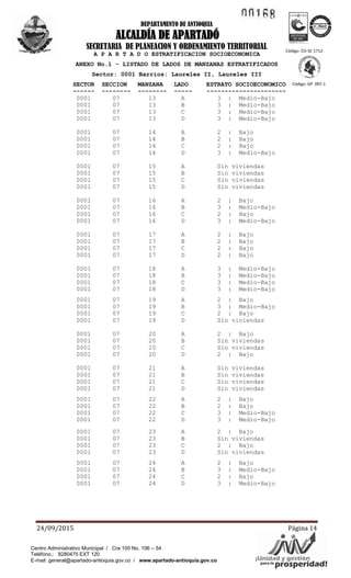 1!.1~ ~
Á'YAV/¡Unidad yogsepste'~'idad!para la pr
ICO .... TEC o
ea~···~
DEPARTAMENTO DE ANTIOQUIA
ALCALDÍA DE APARTADÓ
SECRETARIA DE PLANEACION Y ORDENAMIENTO TERRITORIAL
24/09/2015 Página 14
Código: CO-SC 1712-
1
Código: GP 097-1
Centro Administrativo Municipal / Cra 100 No. 106 – 54
Teléfono.: 8280475 EXT 120
E-mail: general@apartado-antioquia.gov.co / www.apartado-antioquia.gov.co
A P A R T A D O ESTRATIFICACION SOCIOECONOMICA
ANEXO No.1 - LISTADO DE LADOS DE MANZANAS ESTRATIFICADOS
Sector: 0001 Barrios: Laureles II, Laureles III
SECTOR SECCION MANZANA LADO ESTRATO SOCIOECONOMICO
------ -------- -------- ----- ----------------------
0001 07 13 A 3 : Medio-Bajo
0001 07 13 B 3 : Medio-Bajo
0001 07 13 C 3 : Medio-Bajo
0001 07 13 D 3 : Medio-Bajo
0001 07 14 A 2 : Bajo
0001 07 14 B 2 : Bajo
0001 07 14 C 2 : Bajo
0001 07 14 D 3 : Medio-Bajo
0001 07 15 A Sin viviendas
0001 07 15 B Sin viviendas
0001 07 15 C Sin viviendas
0001 07 15 D Sin viviendas
0001 07 16 A 2 : Bajo
0001 07 16 B 3 : Medio-Bajo
0001 07 16 C 2 : Bajo
0001 07 16 D 3 : Medio-Bajo
0001 07 17 A 2 : Bajo
0001 07 17 B 2 : Bajo
0001 07 17 C 2 : Bajo
0001 07 17 D 2 : Bajo
0001 07 18 A 3 : Medio-Bajo
0001 07 18 B 3 : Medio-Bajo
0001 07 18 C 3 : Medio-Bajo
0001 07 18 D 3 : Medio-Bajo
0001 07 19 A 2 : Bajo
0001 07 19 B 3 : Medio-Bajo
0001 07 19 C 2 : Bajo
0001 07 19 D Sin viviendas
0001 07 20 A 2 : Bajo
0001 07 20 B Sin viviendas
0001 07 20 C Sin viviendas
0001 07 20 D 2 : Bajo
0001 07 21 A Sin viviendas
0001 07 21 B Sin viviendas
0001 07 21 C Sin viviendas
0001 07 21 D Sin viviendas
0001 07 22 A 2 : Bajo
0001 07 22 B 2 : Bajo
0001 07 22 C 3 : Medio-Bajo
0001 07 22 D 3 : Medio-Bajo
0001 07 23 A 2 : Bajo
0001 07 23 B Sin viviendas
0001 07 23 C 2 : Bajo
0001 07 23 D Sin viviendas
0001 07 24 A 2 : Bajo
0001 07 24 B 3 : Medio-Bajo
0001 07 24 C 2 : Bajo
0001 07 24 D 3 : Medio-Bajo
 