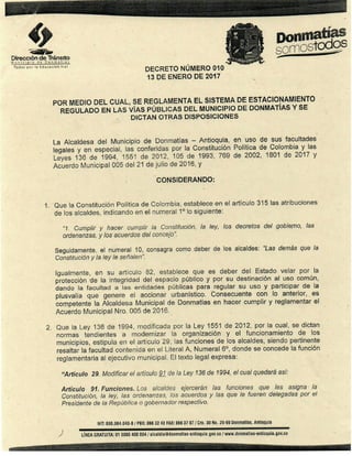 Decreto 010 de 2017, zonas de estacionamiento regulado