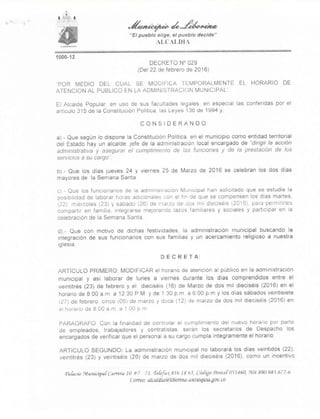Decreto 029 de 2016 modificacion horario