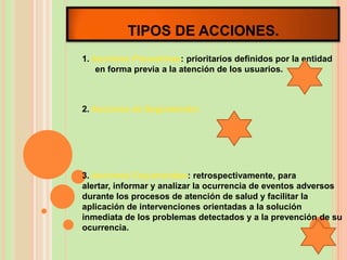 TIPOS DE ACCIONES.
1. Acciones Preventivas: prioritarios definidos por la entidad
    en forma previa a la atención de los usuarios.



2. Acciones de Seguimiento:




3. Acciones Coyunturales: retrospectivamente, para
alertar, informar y analizar la ocurrencia de eventos adversos
durante los procesos de atención de salud y facilitar la
aplicación de intervenciones orientadas a la solución
inmediata de los problemas detectados y a la prevención de su
ocurrencia.
 