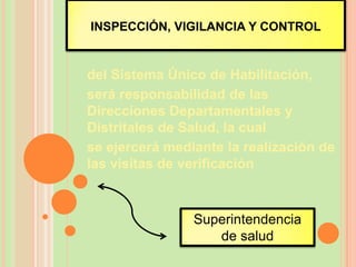 INSPECCIÓN, VIGILANCIA Y CONTROL


del Sistema Único de Habilitación,
será responsabilidad de las
Direcciones Departamentales y
Distritales de Salud, la cual
se ejercerá mediante la realización de
las visitas de verificación



                Superintendencia
                   de salud
 