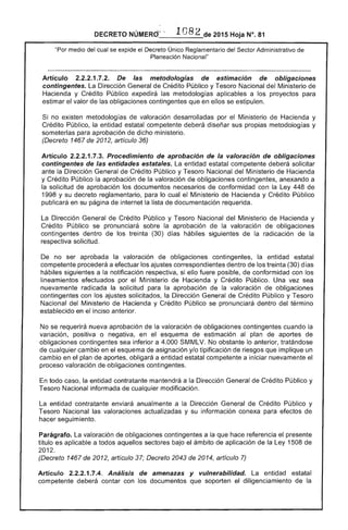 DECRETO NÚMERO" 1 82 de 2015 Hoja N°. 81
medío del cual se expide el Decreto Único Reglamentario del Sector Administrativo
Planeación Nacional"
Artículo 2.2.2.1.7.2. De las metodologías de estimación de obligaciones
contingentes. Dirección General de Crédito Público y Tesoro Nacional Ministerio
Hacienda y Crédito Público expedirá las metodolog aplicables a los proyectos para
estimar el valor de obligaciones contingentes que en ellos se estipulen.
Si no existen metodologías valoración desarrolladas por el Ministerio de Hacienda y
Crédito Público, entidad estatal competente deberá diseñar sus propias metodologías y
someterlas para aprobación de dicho ministerio.
(Decreto 1467 de 2012, artículo 36)
Artículo 2.2.2.1.7.3. Procedimiento de aprobación de la valoración de obligaciones
contingentes de las entidades estatales. entidad estatal competente deberá solicitar
ante Dirección General de Crédito Público y Tesoro Nacional del Ministerio de Hacienda
y Crédito Público la aprobación la valoración de obligaciones contingentes, anexando a
la solicitud aprobación los documentos necesarios conformidad con la Ley 448 de
1998 y su decreto reglamentario, lo cual el Ministerio de Hacienda y Crédito Público
publicará en su página de internet la lista de documentación requerida.
La Dirección General de Crédito Público y Tesoro Nacional del Ministerio Hacienda y
Crédito Público se pronunciará sobre la aprobación la valoración de obligaciones
contingentes dentro de los treinta (30) días hábiles siguientes de radicación la
respectiva solicitud.
De no ser aprobada la valoración de obligaciones contingentes, la entidad estatal
competente procederá a efectuar los ajustes correspondientes dentro los treinta (30) días
hábiles siguientes a notificación respectiva, si ello fuere posible. de conformidad con los
lineamientos efectuados por el Ministerio de Hacienda y Crédito Público. Una vez sea
nuevamente radicada la solicitud para la aprobación de la valoración de obligaciones
contingentes con los ajustes solicitados, la Dirección General de Crédito Público y
Nacional del Ministerio de Hacienda y Crédito Público se pronunciará dentro término
establecido en el inciso anterior.
No se requerirá nueva aprobación la valoración de obligaciones contingentes cuando la
variación, positiva o negativa, en esquema estimación plan de aportes
obligaciones contingentes sea inferior a 4.000 SMMLV. No obstante lo anterior,
de cualquier cambio en el esquema de asignación y/o tipificación de riesgos que implique un
cambio en plan aportes, obligará a entidad estatal competente a iniciar nuevamente el
proceso valoración obligaciones contingentes.
En todo caso, la entidad contratante mantendrá a la Dirección General de Crédito Público y
Tesoro Nacional informada de cualquier modificación.
La entidad contratante enviará anualmente a la Dirección General Crédito Público y
Tesoro Nacional las valoraciones actualizadas y
hacer seguimiento.
su información conexa para de
Parágrafo. valoración de obligaciones continge
título es aplicable a todos aquellos sectores bajo
2012.
(Decreto 1467 de 2012, artículo Decreto 2043
ntes a la que hace referencia el
ámbito de aplicación de
2014, artículo 7)
Artículo 2.2.2.1.7.4. Análisis de amenazas y vulnerabilidad. La entidad estatal
competente deberá contar con los documentos que soporten el diligenciamiento de la
Ley 1508
 
