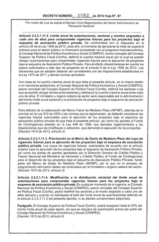 DECRETO NÚMERO 1082 de 2015 Hoja N°. 87
medio del cual se expide el Decreto Único Reglamentario del ....<::If'Tnr Administrativo de
Planeación Nacional"
Artículo 2.2.2.1.11.2. Límite anual de autorizaciones, sectores y montos asignados a
cada uno de ellos para comprometer vigencias futuras para los proyectos bajo el
esquema de asociación público privada. De conformidad con lo dispuesto en el
artículo de la Ley 1508 de 2012, cada año, momento de aprobarse la meta de superávit
primario para el sector público no financiero consistente con el programa macroeconómico,
el Consejo Nacional de Política Económica y Social (CONPES), previo concepto del Consejo
Superior de Política Fiscal (Confis), definirá la cuantía máxima anual por cual se podrán
otorgar autorizaciones para comprometer vigencias futuras para la ejecución de proyectos
bajo el esquema de Asociación Público Privada. el efecto deberá tenerse en cuenta los
plazos autorizados a tipo de proyectos en el artículo 6 de la Ley 1508 de 2012. Las
decisiones que se adopten deberán ser consistentes con las disposiciones establecidas en
la Ley 1473 de 2011 y demás normas aplicables.
Con base en la cuantía máxima anual de que trata el presente artículo, en la misma sesión
o en reuniones el Nacional de Política Económica y Social (CONPES),
previo concepto del Consejo Superior de Política Fiscal (Confis), definirá los sectores a los
se podrán otorgar dichas autorizaciones y distribuirá la cuantía máxima anual entre cada
uno de ellos. ministerio u órgano de sector será responsable por la administración
del monto límite anual sectorial y la priorización proyectos bajo esquema de asociación
público privada.
Para efectos de la elaboración del Marco de Mediano Plazo (MFMP), además
previsto en la Ley 819 2003 Y normas que la reglamentan, se deberán considerar
vigencias futuras autorizadas para la ejecución de los proyectos bajo el esquema de
asociación público privada de que trata el presente artículo, como aportes al Fondo
Contingencias previsto en la Ley 448 1998, sus decretos reglamentarios y
disposiciones que las modifiquen o adicionen, que demande la ejecución de los proyectos.
(Decreto 1610 de 2013, artículo 2)
Artículo 2.2.2.1.11.3. Priorización en el Marco de Gasto Mediano Plazo del cupo de
vigencias futuras para la ejecución de los proyectos bajo el esquema de asociación
público privada. Los cupos vigencias futuras, autorizados de acuerdo con el artículo
anterior para la ejecución los proyectos bajo el esquema de Asociación Público Privada,
así como los planes de aportes aprobados por la Dirección Crédito Público y
Tesoro Nacional del Ministerio de Hacienda y Crédito Público Fondo Contingencias
para el desarrollo de los proyectos bajo el esquema de Asociación Público Privada, harán
parte del Marco Gasto Mediano Plazo (MGMP), por lo que en el proceso
programación mismo deben ser priorizados por el ministerio u órgano cabeza del
(Decreto 1610 de 2013, artículo 3)
Artículo 2.2.2.1.11.4. Modificación a la distribución sectorial del límite anual de
autorizaciones para comprometer vigencias futuras para los proyectos bajo el
esquema de asociación público privada. En cualquier momento de la vigencia, el Consejo
Nacional Política Económica y Social (CONPES), previo concepto del Consejo Superior
de Política Fiscal (Confis), podrá redefinir los sectores y monto asignado a cada uno de
ellos siempre y cuando no sobrepase el total del límite anual de autorizaciones definido en
artículo 2.2.2.1.11.2 del presente decreto, ni se afecten compromisos adqUiridos.
Parágrafo. El Consejo Superior de Política Fiscal (Confis), podrá reasignar hasta 20% del 

monto límite anual de cada sector, sin que se requiera de autorización previa por parte del 

Consejo Nacional Política Económica y Social (CONPES). 

(Decreto 1610 201 artículo 4) 

 