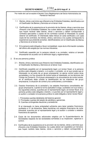 DECRETO NÚMERO_-'__l___de 2015 Hoja N°. 9
"Por medio del cual se expide el Decreto Único Reglamentario del Sector Administrativo
Planeación Nacional"
1.1. 	 obras y servicios que ofrecerá a las Entidades Estatales, identificados con
el Clasificador de Bienes y Servicios en tercer nivel.
1 	 Certificados de la experiencia en la provisión de los bienes, obras y servicios que
ofrecerá a las Entidades Estatales, los cuales deben ser expedidos por terceros
que hayan recibido tales obras o servicios y deben corresponder a
contratos ejecutados o copias de los contratos cuando el interesado no puede
obtener tal certificado. interesado debe indicar en cada certificado o en cada
copia de los contratos, los bienes, obras y servicios a los cuales corresponde la
experiencia que pretende acreditar, identificándolos con el Clasificador de
y Servicios en el tercer nivel.
1 	 Si persona está obligada a llevar contabilidad, copia la información contable
del último año exigida por las normas tributarias.
1 	 Certificado expedido por la persona natural o su contador, relativa tamaño
empresarial de acuerdo con definición legal y reglamentaria.
Si es una persona jurídica:
2.1. 	 Bienes, obras y servicios que ofrecerá a las Entidades Estatales, identificados con
el Clasificador de y Servicios en el tercer nivel.
2.2. 	 Certificado expedido por el representante legal y el revisor fiscal, si la persona
jurídica está obligada a tenerlo, o el auditor o contador, en el que conste que el
interesado no es parte de un grupo empresarial, no ejerce control sobre otras
sociedades y no hay situación control sobre el interesado, en los términos del
Código de Comercio. Si grupo empresarial o circunstancia de control existe,
en el certificado debe constar la identificación de los miembros del grupo
empresarial, la situación de control y los controlantes y controlados.
2.3. 	 Estados financieros la sociedad y los estados financieros consolidados del
grupo empresarial, cuando la norma aplicable lo exige, auditados con sus notas y
los siguientes anexos, suscritos por el representante legal y el revisor fiscal, si
persona jurídica obligada a tenerlo, o suscritos por representante legal y
el auditor o contador si persona jurídica no está obligada a tener revisor fiscal:
1. Principales cuentas detalladas del balance general.
11. Principales del estado pérdidas y ganancias.
111. Cuentas contingentes deudoras y '!:>I"',-c.c.r!n,r'!:>c;:,
el interesado no tiene antigüedad suficiente para tener estados financieros
auditados a 31 diciembre, debe inscribirse con estados financieros de corte
trimestral, suscritos por representante legal y auditor o contador o estados
financieros apertura.
2.4. 	 Copia de los documentos adicionales exigidos por la Superintendencia de
Sociedades respecto de sociedades sometidas a su inspección, vigilancia o
control.
2.5. 	 Certificados de la experiencia en la provisión los obras y servicios que
ofrecerá a las Entidades Estatales, los deben ser expedidos por terceros
que hayan recibido tales bienes, obras o servicios y deben corresponder a
 