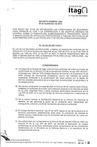 Reglamentación sobre el uso de pólvora en Itagüí Decreto 1084 de 2013 