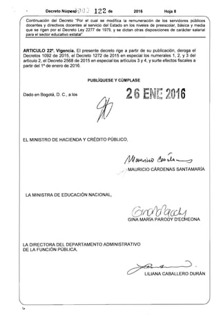 Decreto NÚQ1eltd DU~; 122 de 2016 Hoja 8
Continuación del Decreto "Por el cual se modifica la remuneración de los servidores públicos
docentes y directivos docentes al servicio del Estado en los niveles de preescolar, básica y media
que se rigen por el Decreto Ley 2277 de 1979, y se dictan otras disposiciones de carácter salarial
para el sector educativo estatal".
ARTICULO 22°. Vigencia. El presente decreto rige a partir de su publicación, deroga el
Decretos 1092 de 2015, el Decreto 1272 de 2015 en especial los numerales 1, 2, Y 3 del
artículo 2, el Decreto 2568 de 2015 en especial los artículos 3 y 4, Ysurte efectos fiscales a
partir del 1° de enero de 2016.
PUBLíaUESE y CÚMPLASE
Dado en Bogotá, D. C., a los
26 ENE 2016
EL MINISTRO DE HACIENDA Y CRÉDITO PÚBLICO,
/"
M~v)'cAN t!JM ~ .. ::::J
·MAURICIO CÁRDENAS SANTAMARíA/ ,1'
LA MINISTRA DE EDUCACiÓN NACIONAL,
S rd(fqrílA
GINA MARíA PAROD~~~EONA
LA DIRECTORA DEL DEPARTAMENTO ADMINISTRATIVO
DE LA FUNCiÓN PÚBLICA,
 