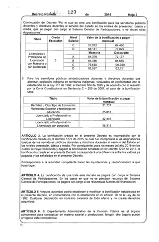 Continuación del Decreto "Por el cual
123 de 2016 Ho"a 3
se crea una bonificación los servidores públicos
y directivos docentes al servicio del Estado en los niveles preescolar, básica y
media, que se pagan con al Sistema General Participaciones, y se dictan otras
disposiciones".
Titulo
Grado
Escalafón
Nivel
Salarial
Valor de la bonificación a pagar
mensual
C 57,022 64,460
D 68,141 77,029
Licenciado o
Profesional no A
Maestr
54,378
Doctorado
72,137
Licenciado
con Maestría o
con Doctorado
3 B
C
D
64,386
79,630
92,267
84,680
106,929
122,751
5. 	 Para los servidores públicos etnoeducadores docentes y directivos docentes que
atiendan población en territorios indígenas, vinculados conformidad con lo
establecido en la Ley 115 de 1994, el Decreto 804 1995 Yde acuerdo con lo resuelto
por la Corte Constitucional en Sentencia C - 208 de 2007, el valor la bonificación
Titulo
u Otro Ti o Formación
Normalista Superior o tecnólogo en
educación
Valor de la bonificación a pagar
mensual
21,737
6
Licenciado o Profesional no
32,491 

35,315 

ARTíCULO 3. La bonificación creada en el presente Decreto es incompatible con la
bonificación creada en el Decreto 1272 2015, la cual fue incorporada a las asignaciones
de los servidores públicos y directivos docentes al servicio del Estado en
los niveles preescolar, básica y media. Por consiguiente, para los meses del año 2016 en los
cuales se haya reconocido y la bonificación señalada en el Decreto 1272 de 201 la
bonificación creada en el presente Decreto corresponderá a la diferencia entre los valores ya
pagados y los señalados en el presente Decreto.
Corresponderá a la autoridad competente hacer las liquidaciones y reconocimiento a que
haya lugar.
ARTíCULO 4. La bonificación de que trata este decreto se pagará con cargo al Sistema
General Participaciones. los casos en que no se perciban recursos del Sistema
de Participaciones, se pagará con cargo a 	 fuentes de financiación.
ARTíCULO 5 Ninguna autoridad podrá establecer o modificar la bonificación establecida en
el presente Decreto, en concordancia con lo establecido en el artículo 10 la Ley 4a
1 Cualquier disposición en contrario carecerá todo efecto y no derechos
adquiridos.
ARTíCULO 6. El Departamento Administrativo de la Función Pública es el órgano
competente para conceptuar en materia salarial y prestacional. Ningún otro órgano puede
arrogarse
 