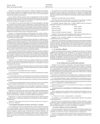 Edición 44.840
Jueves 20 de junio de 2002

DIARIO
OFICIAL

Artículo 15. La Productividad Académica. Cuando en la producción científica,
técnica, artística, humanística, y pedagógica, los docentes acrediten su vinculación a
la universidad respectiva y den crédito o mención a ella, se les reconocen puntos
salariales por productividad académica.
En los mismos términos previstos para la determinación inicial del salario
(Capítulo II, artículo 10), y con los mismos factores definidos para los reconocimientos
de la productividad académica, se hacen las modificaciones salariales por productividad para los docentes ya vinculados a la institución.
Con excepción de los artículos publicados en revistas homologadas o indexadas
por Colciencias, que reciben los puntos establecidos en el literal a) del artículo 10 de
este Decreto, la asignación de puntos salariales para los demás productos académicos
establecidos en el citado artículo 10 les corresponde a los pares externos en el marco
de la Evaluación Periódica de Productividad. Estos productos deben ser evaluados por
pares externos, elegidos de las listas de Colciencias, de acuerdo con lo dispuesto en el
Parágrafo del numeral III del artículo 10 del presente decreto.

15

Este estímulo solo se concede a los docentes que realicen actividades destacadas
de extensión que no hayan sido reconocidas por los factores de productividad
académica, en salario o bonificaciones, de este decreto. Tampoco se consideran para
estos reconocimientos las actividades de extensión que le generen ingresos adicionales
al docente.
Asignación de bonificación o puntos salariales
Para efectos del pago de bonificaciones se reconoce el equivalente a los puntos
salariales señalados en la siguiente tabla, multiplicados por doce (12).
Los puntajes salariales anuales que se pueden adjudicar para los profesores
destacados en docencia y extensión son los siguientes:
Profesor Titular

Hasta 5 puntos

Profesor Asociado

Hasta 4 puntos

Profesor Asistente

Hasta 3 puntos

Profesor Auxiliar e Instructor Asociado

Hasta 2 puntos

Artículo 16. Evaluación Periódica de Productividad. Para evaluar, analizar y
asignar puntos a la productividad académica susceptible de reconocimientos salariales, todas las universidades estatales u oficiales deben adoptar un sistema de Evaluación Periódica de Productividad.

Parágrafo I. A los docentes que desempeñen cargos académico-administrativos, no
se les pueden asignar puntos por lo establecido en este artículo.

El sistema de Evaluación Periódica de Productividad debe ser establecido por el
respectivo Consejo Superior de cada universidad, utilizando los criterios de agrupación definidos por el Grupo de Seguimiento. La evaluación periódica de productividad
se realiza por pares externos de conformidad con lo dispuesto en el presente decreto.
Los criterios de agrupación deben definirse de tal manera que permitan que los pares
externos puedan hacer una evaluación comparativa de los diferentes productos, para
que en la asignación de puntajes se tenga en cuenta tanto la producción individual del
docente como la colectiva de la respectiva comunidad académica.

Parágrafo III. A los docentes se les asignan los puntos de manera rigurosa mediante
evaluación, de modo tal que el promedio de puntos asignados en docencia y extensión
en el año respectivo, calculado sobre la base del total de docentes de carrera de la
institución, no sobrepase al equivalente a un (1) punto salarial. No se puede asignar
el punto señalado, mecánicamente, a todos los docentes, porque se rompe el principio
de la evaluación.

La Evaluación Periódica de Productividad debe realizarse en períodos no inferiores
a un año calendario, durante las fechas que determine el respectivo Consejo Superior,
de acuerdo con las pautas, directrices y criterios que, para garantizar la homogenidad,
universalidad y coherencia de la información a nivel nacional, defina el Ministro de
Educación Nacional, con el apoyo del grupo de seguimiento de que trata el artículo 62
de este decreto.
Artículo 17. Las actividades de Dirección académico-administrativas. El profesor de carrera que asuma cargos académico-administrativos debe, previamente a la
posesión, escoger entre la remuneración del cargo que va a desempeñar y la que le
corresponde como docente.
Para efectos de la modificación de puntos salariales y de acuerdo con los resultados
de la evaluación de su desempeño, se le pueden asignar puntos por cada año cumplido,
de acuerdo con la siguiente tabla:
a) El Rector de la Universidad, hasta once (11) puntos;
b) Los Vicerrectores, el Secretario General y el Director Administrativo General,
hasta nueve (9) puntos;
c) Los Decanos, directores o jefes de división, jefes de oficina, los Directores de
oficinas de investigación, extensión o de programas curriculares, hasta seis (6) puntos;
d) Los Vicedecanos y Directores administrativos de Sede o Seccional, hasta cuatro
(4) puntos;
e) Los Directores de Departamentos, Escuelas, Institutos, Centros u otras unidades
de gestión académico-administrativa en las Facultades hasta dos (2) puntos.
Parágrafo I. El Consejo Superior Universitario adopta el sistema de evaluación y
asignación de puntos por desempeño en cargos académico - administrativos a que hace
referencia el presente artículo.
Parágrafo II. Los profesores que realizan actividades académico-administrativas
en cargos de dirección universitaria como: Rector, Vicerrector, Secretario General,
Director Administrativo y Decano, solo pueden modificar su salario mediante el
reconocimiento de puntos salariales por gestión académico-administrativa.
Parágrafo III. Los cargos de representación profesoral ante los distintos organismos universitarios, no dan lugar a puntajes por el desempeño de cargos académicoadministrativos.
Artículo 18. El desempeño destacado de las labores de docencia y extensión, y
la experiencia calificada.
I. El desempeño destacado de las labores de docencia y extensión
Con el propósito de estimular el desempeño de los mejores docentes de carrera
y a los más destacados en las actividades de extensión, los Consejos Superiores
Universitarios pueden establecer un mecanismo de evaluación trasparente y con
criterios exigentes y rigurosos para el reconocimiento de puntos salariales y de
bonificación. Se debe determinar claramente los casos en que se conceden puntos
salariales y en que se otorgan puntos de bonificación, sin que en ninguna circunstancia el mismo docente se beneficie simultáneamente por ambos conceptos en el
mismo año.

Parágrafo II. No se pueden acumular en el mismo período reconocimientos
simultáneos por docencia y extensión.

II . La experiencia calificada
A todos los empleados públicos docentes, cobijados por este decreto, se les otorgan
anualmente dos (2) puntos, a partir del primero (1°) de enero del año dos mil tres
(2003), según reglamentación que expida el Consejo Superior Universitario, de
acuerdo con la evaluación del desempeño durante el año inmediatamente anterior. Los
dos puntos corresponden a un año de servicios con cualquier dedicación a término
indefinido; no obstante, los docentes que tengan más de tres (3) meses de vinculación
en la fecha definida reciben un incremento proporcional.
CAPITULO IV
De las bonificaciones por productividad académica
Artículo 19. Generalidades. Corresponde a los Consejos Superiores Universitarios establecer un sistema de bonificaciones no constitutivas de salario. Las bonificaciones son reconocimientos monetarios no salariales, que se reconocen por una sola
vez, correspondientes a actividades específicas de productividad académica y no
contemplan pagos genéricos indiscriminados. En los actos administrativos mediante
los cuales se hacen los reconocimientos de bonificaciones, debe constar el valor del
pago y el producto académico que lo origina.
Para efectos de la liquidación de las bonificaciones, se entiende que un punto de
bonificación tiene el mismo valor que el utilizado para la determinación de los salarios.
Las universidades liquidan y pagan semestralmente las bonificaciones que se
causen en dicho período, y para todos los efectos se toma como base el año calendario.
Las actividades de productividad académica que tengan reconocimientos salariales
(Artículo 15, capítulo III), no reciben bonificaciones.
Artículo 20. Criterios para el reconocimiento de los productos y la asignación
de puntos de bonificación.
I. Criterios para los reconocimientos de bonificaciones por modalidades de
productos
Sólo se pueden reconocer bonificaciones por productividad académica para las
siguientes modalidades de productos, con los criterios que se establecen en este
numeral.
a) Producción de videos, cinematográficas o fonográficas
Los productos, en esta modalidad, que tengan impacto regional o local pueden
recibir bonificaciones.
Para efectos de los reconocimientos de trabajos de carácter científico, técnico,
humanístico, artístico o pedagógico mediante producciones de videos, cinematográficas o fonográficas, se tienen en cuenta los siguientes factores, para determinar el
grado de difusión geográfico y el nivel de rigor didáctico y académico:
1. El carácter regional o local de la producción
El carácter regional o local de la producción se mide por el impacto regional o local
y el grado de utilización, difusión o generalización en la aplicación del medio,
construido en el exterior o en el país, sin alcance nacional o internacional.
Factores como la demanda explícita de dicho trabajo o la participación institucional
en el proceso, restringida al marco regional o local, reafirman este carácter de la
producción.

 