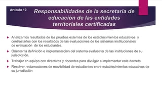  Analizar los resultados de las pruebas externas de los establecimientos educativos y
contrastarlos con los resultados de las evaluaciones de los sistemas institucionales
de evaluación de los estudiantes.
 Orientar la definición e implementación del sistema evaluativo de las instituciones de su
jurisdicción.
 Trabajar en equipo con directivos y docentes para divulgar e implementar este decreto.
 Resolver reclamaciones de movibilidad de estudiantes entre establecimientos educativos de
su jurisdicción
Artículo 10
Responsabilidades de la secretaria de
educación de las entidades
territoriales certificadas
 