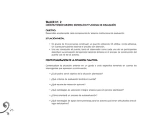 26
TALLER No
. 2
CONSTRUYENDO NUESTRO SISTEMA INSTITUCIONAL DE EVALUACIÓN
OBJETIVO:
Desarrollar ampliamente cada componente del sistema institucional de evaluación
SITUACIÓN INICIAL
• En grupos de tres personas construyan un puente utilizando 10 pitillos y cinta adhesiva.
Un cuarto participante observa el proceso con atención.
• Una vez construido el puente, tanto el observador como cada uno de los participantes
describen su percepción del ejercicio haciendo énfasis en el proceso de construcción del
puente y el rol de los actores.
CONTEXTUALIZACIÓN DE LA SITUACIÓN PLANTEDA
Contextualizar la situación anterior en un grado o ciclo específico teniendo en cuenta los
interrogantes que aparecen a continuación.
• ¿Cuál podría ser el objetivo de la situación planteada?
• ¿Qué criterios de evaluación tendrá en cuenta?
• ¿Qué escala de valoración aplicará?
• ¿Qué estrategias de valoración integral propone para el ejercicio planteado?
• ¿Cómo orientará un proceso de autoevaluación?
• ¿Qué estrategias de apoyo tiene previstas para los actores que tienen dificultades ante el
logro del objetivo?
 