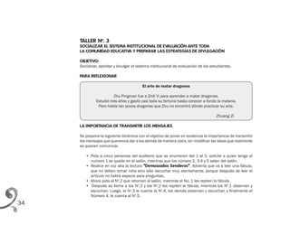 34
TALLER No
. 3
SOCIALIZAR EL SISTEMA INSTITUCIONAL DE EVALUACIÓN ANTE TODA
LA COMUNIDAD EDUCATIVA Y PREPARAR LAS ESTRATEGIAS DE DIVULGACIÓN
OBJETIVO:
Socializar, aprobar y divulgar el sistema institucional de evaluación de los estudiantes.
PARA REFLEXIONAR
El arte de matar dragones
Zhu Pingman fue a Zhili Yi para aprender a matar dragones.
Estudió tres años y gastó casi toda su fortuna hasta conocer a fondo la materia.
Pero había tan pocos dragones que Zhu no encontró dónde practicar su arte.
										 Zhuang Zi
LA IMPORTANCIA DE TRANSMITIR LOS MENSAJES
Se propone la siguiente dinámica con el objetivo de poner en evidencia la importancia de transmitir
los mensajes que queremos dar a los demás de manera clara, sin modificar las ideas que realmente
se quieren comunicar.
• Pida a cinco personas del auditorio que se enumeren del 1 al 5, solicite a quien tenga el
numero 1 se quede en el salón, mientras que los número 2, 3,4 y 5 salen del salón.
• Realice en voz alta la lectura “Demasiados Senderos”. Advierta que va a leer una fábula,
que no deben tomar nota sino sólo escuchar muy atentamente, porque después de leer el
artículo no habrá espacio para preguntas.
•  Ahora pida al No
.2 que retornen al salón, mientras el No. 1 les repiten la fábula.
•  Después se llama a los No
.3 y los No
.2 les repiten la fábula, mientras los No
.1 observan y
escuchan. Luego, el No
.3 le cuenta la No
.4, los demás observan y escuchan y finalmente el
Número 4, le cuenta al No
.5.
 