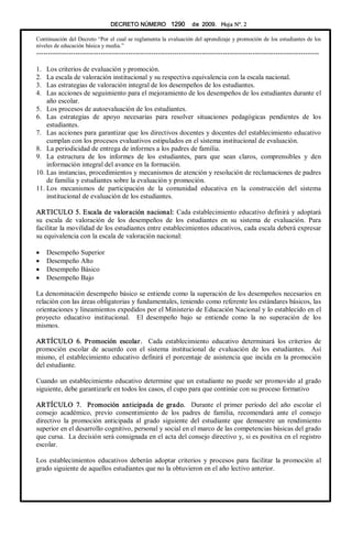 DECRETO NÚMERO  1290  de  2009.   Hoja N°. 2 
Continuación del Decreto “Por el cual se reglamenta la evaluación del aprend...