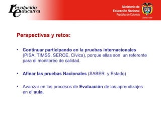 <ul><li>Perspectivas y retos: </li></ul><ul><li>Continuar participando en la pruebas internacionales  (PISA, TIMSS, SERCE,...