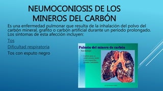 NEUMOCONIOSIS DE LOS
MINEROS DEL CARBÓN
Es una enfermedad pulmonar que resulta de la inhalación del polvo del
carbón mineral, grafito o carbón artificial durante un período prolongado.
Los síntomas de esta afección incluyen:
Tos
Dificultad respiratoria
Tos con esputo negro
 
