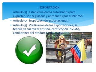  EXPORTACIÓN 
 Artículo 53. Establecimientos autorizados para 
exportar, son regulados y aprobados por el INVIMA. 
 Artículo 54. Inspección de exportaciones. 
 Artículo 55. Verificación de las exportaciones, se 
tendrá en cuenta el destino, certificación INVIMA, 
condiciones del producto y del transporte. 
 