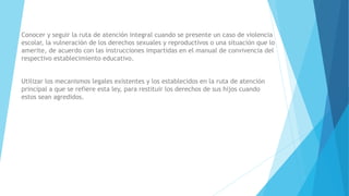 Conocer y seguir la ruta de atención integral cuando se presente un caso de violencia
escolar, la vulneración de los derechos sexuales y reproductivos o una situación que lo
amerite, de acuerdo con las instrucciones impartidas en el manual de convivencia del
respectivo establecimiento educativo.
Utilizar los mecanismos legales existentes y los establecidos en la ruta de atención
principal a que se refiere esta ley, para restituir los derechos de sus hijos cuando
estos sean agredidos.
 
