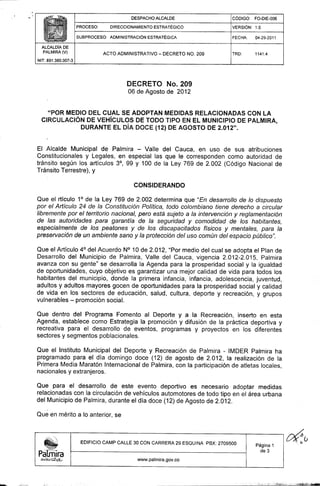 Decreto 209 de 2012  de la Alcaldía de Palmira - Media Marathon vias
