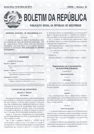 Decreto 22 2014- Regulamento do Licenciamento de actividade industrial