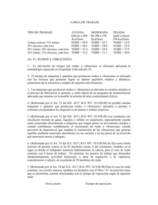 CARGA DE TRABAJO
TIPO DE TRABAJO LIVIANA MODERADA PESADA
Inferior a 200 De 200 a 350 Igual o mayor
Kcal/hora Kcal/hora 350 kcal/hora
Trabajo continuo 75% trabajo TGBH = 30.0 TGBH = 26.7 TGBH = 25.0
25% descanso cada hora. TGBH = 30.6 TGBH = 28.0 TGBH = 25.9
50% trabajo, 50% descanso, cada hora. TGBH = 31.4 TGBH = 29.4 TGBH = 27.9
25% trabajo, 75% descanso, cada hora. TGBH = 32.2 TGBH = 31.1 TGBH = 30.0
Art. 55. RUIDOS Y VIBRACIONES.
1. La prevención de riesgos por ruidos y vibraciones se efectuará aplicando la
metodología expresada en el apartado 4 del artículo 53.
2. El anclaje de máquinas y aparatos que produzcan ruidos o vibraciones se efectuará
con las técnicas que permitan lograr su óptimo equilibrio estático y dinámico,
aislamiento de la estructura o empleo de soportes antivibratorios.
3. Las máquinas que produzcan ruidos o vibraciones se ubicarán en recintos aislados si
el proceso de fabricación lo permite, y serán objeto de un programa de mantenimiento
adecuado que aminore en lo posible la emisión de tales contaminantes físicos.
4. (Reformado por el Art. 31 del D.E. 4217, R.O. 997, 10-VIII-88) Se prohíbe instalar
máquinas o aparatos que produzcan ruidos o vibraciones, adosados a paredes o
columnas excluyéndose los dispositivos de alarma o señales acústicas.
5. (Reformado por el Art. 32 del D.E. 4217, R.O. 997, 10-VIII-88) Los conductos con
circulación forzada de gases, líquidos o sólidos en suspensión, especialmente cuando
estén conectados directamente a máquinas que tengan partes en movimiento siempre y
cuando contribuyan notablemente al incremento de ruido y vibraciones, estarán
provistos de dispositivos que impidan la transmisión de las vibraciones que generan
aquéllas mediante materiales absorbentes en sus anclajes y en las partes de su recorrido
que atraviesen muros o tabiques.
6. (Reformado por el Art. 33 del D.E. 4217, R.O. 997, 10-VIII-88) Se fija como límite
máximo de presión sonora el de 85 decibeles escala A del sonómetro, medidos en el
lugar en donde el trabajador mantiene habitualmente la cabeza, para el caso de ruido
continuo con 8 horas de trabajo. No obstante, los puestos de trabajo que demanden
fundamentalmente actividad intelectual, o tarea de regulación o de vigilancia,
concentración o cálculo, no excederán de 70 decibeles de ruido.
7. (Reformado por el Art. 34 del D.E. 4217, R.O. 997, 10-VIII-88) Para el caso de ruido
continuo, los niveles sonoros, medidos en decibeles con el filtro "A" en posición lenta,
que se permitirán, estarán relacionados con el tiempo de exposición según la siguiente
tabla:
Nivel sonoro Tiempo de exposición
 