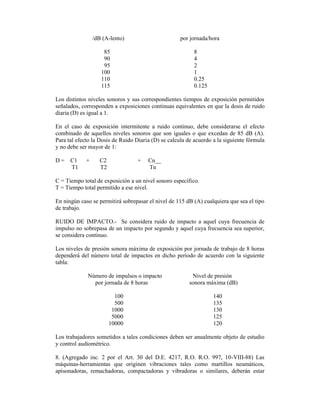/dB (A-lento) por jornada/hora
85 8
90 4
95 2
100 1
110 0.25
115 0.125
Los distintos niveles sonoros y sus correspondientes tiempos de exposición permitidos
señalados, corresponden a exposiciones continuas equivalentes en que la dosis de ruido
diaria (D) es igual a 1.
En el caso de exposición intermitente a ruido continuo, debe considerarse el efecto
combinado de aquellos niveles sonoros que son iguales o que excedan de 85 dB (A).
Para tal efecto la Dosis de Ruido Diaria (D) se calcula de acuerdo a la siguiente fórmula
y no debe ser mayor de 1:
D = C1 + C2 + Cn__
T1 T2 Tn
C = Tiempo total de exposición a un nivel sonoro específico.
T = Tiempo total permitido a ese nivel.
En ningún caso se permitirá sobrepasar el nivel de 115 dB (A) cualquiera que sea el tipo
de trabajo.
RUIDO DE IMPACTO.- Se considera ruido de impacto a aquel cuya frecuencia de
impulso no sobrepasa de un impacto por segundo y aquel cuya frecuencia sea superior,
se considera continuo.
Los niveles de presión sonora máxima de exposición por jornada de trabajo de 8 horas
dependerá del número total de impactos en dicho período de acuerdo con la siguiente
tabla:
Número de impulsos o impacto Nivel de presión
por jornada de 8 horas sonora máxima (dB)
100 140
500 135
1000 130
5000 125
10000 120
Los trabajadores sometidos a tales condiciones deben ser anualmente objeto de estudio
y control audiométrico.
8. (Agregado inc. 2 por el Art. 30 del D.E. 4217, R.O. R.O. 997, 10-VIII-88) Las
máquinas-herramientas que originen vibraciones tales como martillos neumáticos,
apisonadoras, remachadoras, compactadoras y vibradoras o similares, deberán estar
 
