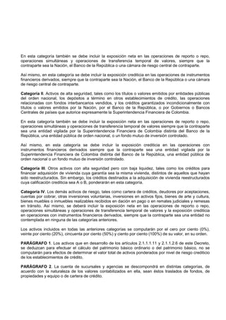 En esta categoría también se debe incluir la exposición neta en las operaciones de reporto o repo,
operaciones simultáneas y operaciones de transferencia temporal de valores, siempre que la
contraparte sea la Nación, el Banco de la República o una cámara de riesgo central de contraparte.

Así mismo, en esta categoría se debe incluir la exposición crediticia en las operaciones de instrumentos
financieros derivados, siempre que la contraparte sea la Nación, el Banco de la República o una cámara
de riesgo central de contraparte.

Categoría II. Activos de alta seguridad, tales como los títulos o valores emitidos por entidades públicas
del orden nacional, los depósitos a término en otros establecimientos de crédito, las operaciones
relacionadas con fondos interbancarios vendidos, y los créditos garantizados incondicionalmente con
títulos o valores emitidos por la Nación, por el Banco de la República, o por Gobiernos o Bancos
Centrales de países que autorice expresamente la Superintendencia Financiera de Colombia.

En esta categoría también se debe incluir la exposición neta en las operaciones de reporto o repo,
operaciones simultáneas y operaciones de transferencia temporal de valores siempre que la contraparte
sea una entidad vigilada por la Superintendencia Financiera de Colombia distinta del Banco de la
República, una entidad pública de orden nacional, o un fondo mutuo de inversión controlado.

Así mismo, en esta categoría se debe incluir la exposición crediticia en las operaciones con
instrumentos financieros derivados siempre que la contraparte sea una entidad vigilada por la
Superintendencia Financiera de Colombia distinta del Banco de la República, una entidad pública de
orden nacional o un fondo mutuo de inversión controlado.

Categoría III. Otros activos con alta seguridad pero con baja liquidez, tales como los créditos para
financiar adquisición de vivienda cuya garantía sea la misma vivienda, distintos de aquellos que hayan
sido reestructurados. Sin embargo, los créditos destinados a la adquisición de vivienda reestructurados
cuya calificación crediticia sea A o B, ponderarán en esta categoría.

Categoría IV. Los demás activos de riesgo, tales como cartera de créditos, deudores por aceptaciones,
cuentas por cobrar, otras inversiones voluntarias, inversiones en activos fijos, bienes de arte y cultura,
bienes muebles o inmuebles realizables recibidos en dación en pago o en remates judiciales y remesas
en tránsito. Así mismo, se deberá incluir la exposición neta en las operaciones de reporto o repo,
operaciones simultáneas y operaciones de transferencia temporal de valores y la exposición crediticia
en operaciones con instrumentos financieros derivados, siempre que la contraparte sea una entidad no
contemplada en ninguna de las categorías anteriores.

Los activos incluidos en todas las anteriores categorías se computarán por el cero por ciento (0%),
veinte por ciento (20%), cincuenta por ciento (50%) y ciento por ciento (100%) de su valor, en su orden.

PARÁGRAFO 1. Los activos que en desarrollo de los artículos 2.1.1.1.11 y 2.1.1.2.6 de este Decreto,
se deduzcan para efectuar el cálculo del patrimonio básico ordinario o del patrimonio básico, no se
computarán para efectos de determinar el valor total de activos ponderados por nivel de riesgo crediticio
de los establecimientos de crédito.

PARÁGRAFO 2. La cuenta de sucursales y agencias se descompondrá en distintas categorías, de
acuerdo con la naturaleza de los valores contabilizados en ella, sean éstos traslados de fondos, de
propiedades y equipo o de cartera de crédito.
 