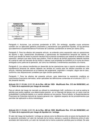 RANGO DE                PONDERACION
    CALIFICACION
      1+ hasta 1-                    20%
      2+ hasta 2-                    50%
             3                      100%
             4                      300%
    5 o Inferior o sin            Deducción
       calificación


Parágrafo 4. Acciones. Las acciones ponderarán al 50%. Sin embargo, aquellas cuyos emisores
cuenten con un adecuado gobierno corporativo y mecanismos que garanticen liquidez, en los términos
que determine la Superintendencia Financiera de Colombia, ponderarán al veinte por ciento (20%).

Parágrafo 5. Para los efectos del presente artículo, se entiende como exposición neta en operaciones
de reporto o repo, operaciones simultáneas y operaciones de transferencia temporal de valores, el
monto que resulte de restar la posición deudora de la posición acreedora que ostenta la entidad en cada
operación, siempre que este monto sea positivo. Para el cálculo de dichas posiciones deberán tenerse
en cuenta el valor de mercado de los títulos o valores cuya propiedad se transfirió y/o la suma de dinero
entregada como parte de la operación, así como los intereses o rendimientos asociados a la misma.

Parágrafo 6. Los valores transferidos en desarrollo de las operaciones repo o reporto simultáneas o de
transferencia temporal de valores deberán ser tenidos en cuenta para los efectos previstos en este
artículo, mientras permanezcan en el balance del enajenante, originador o receptor, según sea el caso,
conforme a las disposiciones contables que rigen dichas operaciones.

Parágrafo 7. Para los efectos del presente artículo, para determinar la exposición crediticia en
instrumentos financieros derivados, serán aplicables las definiciones contenidas en el artículo 2.35.1.1.1
del presente decreto.

Artículo 2.9.1.1.12 (Art. 2.2.1.12. de la Res. 400 de 1995- Modificado Res. 513 del 06/08/2003, art.
1° Valor de la exposición por riesgo de mercado.
 .)

Para el cálculo del riesgo de mercado se utilizará la metodología VeR, conforme a la cual se estima la
pérdida que podría registrar una determinada posición en un intervalo de tiempo con un cierto nivel de
probabilidad o confianza debido a un cambio adverso en los precios. Para el efecto, la Superintendencia
Financiera de Colombia instruirá de manera general a los vigilados respecto de los procedimientos que
permitan dar aplicación a dicha metodología.




Artículo 2.9.1.1.13 (Art. 2.2.1.13. de la Res. 400 de 1995- Modificado Res. 513 del 06/08/2003, art.
1° Valor de la exposición por riesgo de liquidaci ón / entrega.
 .)

El valor del riesgo de liquidación / entrega se calcula como la diferencia entre el precio de liquidación de
la operación acordado y el valor de mercado de la misma, siempre y cuando la diferencia entre el valor
acordado del instrumento y el valor de mercado de la misma ocasionen pérdida para la entidad. De este
 