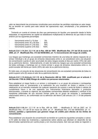 valor se descontarán las provisiones constituidas para amortizar las perdidas originadas en este riesgo.
No se tendrán en cuenta para este cálculo las operaciones repo, simultaneas y los préstamos de
valores.

   Teniendo en cuenta el número de días que permanezca sin liquidar una operación desde la fecha
estipulada, el requerimiento de capital se establecerá multiplicando la diferencia de que trata el inciso
anterior por los siguientes porcentajes:

-      Vencimiento entre 5 y 15 días    :     9%
-      Vencimiento entre 16 y 30 días   :    50%
-      Vencimiento entre 31 y 45 días   :    75%
-      Vencimiento superior a 45 días   :   100%

Artículo 2.9.1.1.14 (Art. 2.2.1.14. de la Res. 400 de 1995- Modificado Res. 211 del 30 de marzo de
2005, art. 3º. Modificado Res. 513 del 06/08/2003, art. 1° Concentración del riesgo de crédito.
                                                          .)

Los riesgos que mantenga una sociedad comisionista miembro de una bolsa de valores respecto de un
emisor individual o de un grupo de emisores relacionados entre sí, se considerará como una situación
de concentración cuando el valor acumulado de estos riesgos exceda el diez por ciento (10%) del valor
de su patrimonio técnico. Adicionalmente, el valor de todos los riesgos que una sociedad comisionista
de bolsa contraiga y mantenga con un mismo emisor o grupo de emisores relacionados entre sí, no
podrá exceder del treinta por ciento (30%) del valor de su patrimonio técnico.

En todo caso, el conjunto de las situaciones de concentración de una sociedad comisionista de bolsa no
podrá superar ocho (8) veces el valor de su patrimonio técnico.

Artículo 2.9.1.1.15 (Artículo 2.2.1.15. de la Resolución 400 de 1995. modificado por el artículo 3
del Decreto 1796 de 2008) Riesgo de crédito con personas relacionadas.

Para establecer el riesgo frente a un emisor o contraparte o a un grupo de emisores o contrapartes
relacionados entre sí, previamente a la realización de una inversión en títulos o valores o a la
celebración en el mercado mostrador de cualquier operación de compra o venta de títulos o valores de
cumplimiento futuro o de una operación con instrumentos financieros derivados o productos
estructurados, y durante su vigencia, las sociedades comisionistas deberán establecer y verificar si los
receptores potenciales de sus recursos forman parte de un grupo de emisores o contrapartes
relacionados entre sí, de conformidad con la definición del literal f) del artículo 2.9.1.1.19 del presente
decreto.




Artículo 2.9.1.1.16 (Art. 2.2.1.16. de la Res. 400 de 1995- .- Modificado D. 343 de 2007, art. 13
Modificado Res. 211 del 30 de marzo de 2005, art. 3º. Modificado Res. 513 del 06/08/2003, art. 1°
                                                                                                ).
Activos, partidas y operaciones que generan riesgo de crédito para efectos de los límites de
concentración.

Para establecer una situación de concentración se tendrán en cuenta los siguientes conceptos o rubros:
(i) El saldo de todas las inversiones y operaciones sobre valores que efectúen en desarrollo de las
denominadas operaciones por cuenta propia y con recursos propios, bien sea que estas se negocien o
 