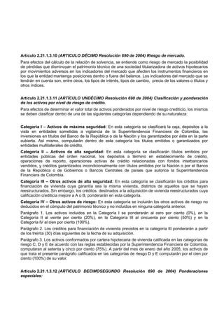 Artículo 2.21.1.3.10 (ARTICULO DÉCIMO Resolución 690 de 2004) Riesgo de mercado.
Para efectos del cálculo de la relación de solvencia, se entiende como riesgo de mercado la posibilidad
de pérdidas que disminuyan el patrimonio técnico de una sociedad titularizadora de activos hipotecarios
por movimientos adversos en los indicadores del mercado que afecten los instrumentos financieros en
los que la entidad mantenga posiciones dentro o fuera del balance. Los indicadores del mercado que se
tendrán en cuenta son, entre otros, los tipos de interés, tipos de cambio, precio de los valores o títulos y
otros índices.


Artículo 2.21.1.3.11 (ARTÍCULO UNDÉCIMO Resolución 690 de 2004) Clasificación y ponderación
de los activos por nivel de riesgo de crédito.
Para efectos de determinar el valor total de activos ponderados por nivel de riesgo crediticio, los mismos
se deben clasificar dentro de una de las siguientes categorías dependiendo de su naturaleza:


Categoría I – Activos de máxima seguridad: En esta categoría se clasificará la caja, depósitos a la
vista en entidades sometidas a vigilancia de la Superintendencia Financiera de Colombia, las
inversiones en títulos del Banco de la República o de la Nación y los garantizados por ésta en la parte
cubierta. Así mismo, computarán dentro de esta categoría los títulos emitidos o garantizados por
entidades multilaterales de crédito.
Categoría II – Activos de alta seguridad: En esta categoría se clasificarán títulos emitidos por
entidades públicas del orden nacional, los depósitos a término en establecimiento de crédito,
operaciones de reporto, operaciones activas de crédito relacionadas con fondos interbancarios
vendidos, y créditos garantizados incondicionalmente con títulos emitidos por la Nación o por el Banco
de la República o de Gobiernos o Bancos Centrales de países que autorice la Superintendencia
Financiera de Colombia.
Categoría III – Otros activos de alta seguridad: En esta categoría se clasificarán los créditos para
financiación de vivienda cuya garantía sea la misma vivienda, distintos de aquellos que se hayan
reestructurados. Sin embargo, los créditos destinados a la adquisición de vivienda reestructurados cuya
calificación crediticia mejore a A o B, ponderarán en esta categoría.
Categoría IV – Otros activos de riesgo: En esta categoría se incluirán los otros activos de riesgo no
deducidos en el cómputo del patrimonio técnico y no incluidos en ninguna categoría anterior.
Parágrafo 1. Los activos incluidos en la Categoría I se ponderarán al cero por ciento (0%), en la
Categoría II al veinte por ciento (20%), en la Categoría III al cincuenta por ciento (50%) y en la
Categoría IV al cien por ciento (100%).
Parágrafo 2. Los créditos para financiación de vivienda previstos en la categoría III ponderarán a partir
de los treinta (30) días siguientes de la fecha de su adquisición.
Parágrafo 3. Los activos conformados por cartera hipotecaria de vivienda calificada en las categorías de
riesgo C, D y E de acuerdo con las reglas establecidas por la Superintendencia Financiera de Colombia,
computaran al setenta y cinco por ciento (75%). A partir del mes de enero del año 2005, los activos de
que trata el presente parágrafo calificados en las categorías de riesgo D y E computarán por el cien por
ciento (100%) de su valor.


Artículo 2.21.1.3.12 (ARTICULO DECIMOSEGUNDO Resolución 690 de 2004) Ponderaciones
especiales:
 