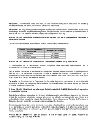 Parágrafo 1. Se entenderá como valor neto, el valor resultante después de deducir de los aportes y
traslados recibidos, los retiros, anulaciones y traslados efectuados.

Parágrafo 2. En ningún caso podrán divulgarse al público los rendimientos o rentabilidades acumuladas
de cada tipo de fondos de pensiones obligatorias con períodos de cálculo inferiores a los referidos en el
artículo 2.6.5.1.4 del presente decreto, sin perjuicio de lo previsto en la ley.

Artículo 2.6.5.1.4 (Modificado por el artículo 1 del Decreto 2949 de 2010) Período de cálculo de la
rentabilidad mínima.

Los períodos de cálculo de la rentabilidad mínima obligatoria acumulada serán:


             Tipo de Fondo de Pensiones
                                                  Período de Cálculo
                     Obligatorias
            Fondo Conservador                           36 meses
            Fondo Moderado                              48 meses
            Fondo de Mayor Riesgo                       60 meses

Artículo 2.6.5.1.5 (Modificado por el artículo 1 del Decreto 2949 de 2010) Verificación.

El cumplimiento de la rentabilidad mínima obligatoria será verificado mensualmente por la
Superintendencia Financiera de Colombia.

Para el efecto, comparará la rentabilidad acumulada en términos efectivos anuales obtenida por cada
tipo de fondo de pensiones obligatorias durante el período de cálculo correspondiente, con la
rentabilidad mínima obligatoria calculada para el mismo período de acuerdo con lo dispuesto en el Título
5 del Libro 6 de la Parte 2 del presente decreto.

Parágrafo. La Superintendencia Financiera de Colombia divulgará a más tardar el quinto día hábil
siguiente a la fecha de verificación, la rentabilidad mínima obligatoria para cada uno de los tipos de
fondos de pensiones obligatorias.

Artículo 2.6.5.1.6 (Modificado por el artículo 1 del Decreto 2949 de 2010) Obligación de garantizar
la rentabilidad mínima.

Cuando la rentabilidad acumulada en términos efectivos anuales obtenida por alguno de los tipos de
fondos de pensiones obligatorias durante el período de cálculo correspondiente sea inferior a la
rentabilidad mínima obligatoria exigida, las Sociedades Administradoras de Fondos de Pensiones y
Cesantías deberán responder con sus propios recursos por los defectos.

En este caso se afectará en primer término la reserva de estabilización de rendimientos constituida para
el tipo de fondo que presente defecto de rentabilidad, mediante el aporte de la diferencia entre el valor
del fondo al momento de la verificación y el valor que éste debería tener para alcanzar la rentabilidad
mínima obligatoria.

Artículo 2.6.5.1.7 (Modificado por el artículo 1 del Decreto 2949 de 2010) Reserva de
estabilización para cada tipo de fondo.
 