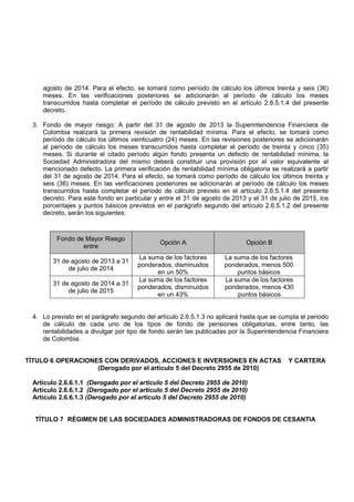 agosto de 2014. Para el efecto, se tomará como período de cálculo los últimos treinta y seis (36)
     meses. En las verificaciones posteriores se adicionarán al período de cálculo los meses
     transcurridos hasta completar el período de cálculo previsto en el artículo 2.6.5.1.4 del presente
     decreto.

  3. Fondo de mayor riesgo: A partir del 31 de agosto de 2013 la Superintendencia Financiera de
     Colombia realizará la primera revisión de rentabilidad mínima. Para el efecto, se tomará como
     período de cálculo los últimos veinticuatro (24) meses. En las revisiones posteriores se adicionarán
     al período de cálculo los meses transcurridos hasta completar el período de treinta y cinco (35)
     meses. Si durante el citado período algún fondo presenta un defecto de rentabilidad mínima, la
     Sociedad Administradora del mismo deberá constituir una provisión por el valor equivalente al
     mencionado defecto. La primera verificación de rentabilidad mínima obligatoria se realizará a partir
     del 31 de agosto de 2014. Para el efecto, se tomará como período de cálculo los últimos treinta y
     seis (36) meses. En las verificaciones posteriores se adicionarán al período de cálculo los meses
     transcurridos hasta completar el período de cálculo previsto en el artículo 2.6.5.1.4 del presente
     decreto. Para este fondo en particular y entre el 31 de agosto de 2013 y el 31 de julio de 2015, los
     porcentajes y puntos básicos previstos en el parágrafo segundo del artículo 2.6.5.1.2 del presente
     decreto, serán los siguientes:



          Fondo de Mayor Riesgo
                                              Opción A                       Opción B
                  entre
                                      La suma de los factores        La suma de los factores
         31 de agosto de 2013 a 31
                                      ponderados, disminuidos        ponderados, menos 500
              de julio de 2014
                                            en un 50%                    puntos básicos
                                      La suma de los factores        La suma de los factores
         31 de agosto de 2014 a 31
                                      ponderados, disminuidos        ponderados, menos 430
              de julio de 2015
                                            en un 43%                    puntos básicos


  4. Lo previsto en el parágrafo segundo del artículo 2.6.5.1.3 no aplicará hasta que se cumpla el periodo
     de cálculo de cada uno de los tipos de fondo de pensiones obligatorias, entre tanto, las
     rentabilidades a divulgar por tipo de fondo serán las publicadas por la Superintendencia Financiera
     de Colombia.


TÍTULO 6 OPERACIONES CON DERIVADOS, ACCIONES E INVERSIONES EN ACTAS                        Y CARTERA
                   (Derogado por el artículo 5 del Decreto 2955 de 2010)

  Artículo 2.6.6.1.1 (Derogado por el artículo 5 del Decreto 2955 de 2010)
  Artículo 2.6.6.1.2 (Derogado por el artículo 5 del Decreto 2955 de 2010)
  Artículo 2.6.6.1.3 (Derogado por el artículo 5 del Decreto 2955 de 2010)


  TÍTULO 7 RÉGIMEN DE LAS SOCIEDADES ADMINISTRADORAS DE FONDOS DE CESANTIA
 