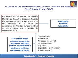 La Gestión de Documentos Electrónicos de Archivo. – Sistemas de Gestión de
Electrónicos de Archivo - SGDEA
Un Sistema de G...