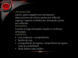 ASIGNACION:
Gastos, gastos pagados por anticipación
depreciaciones de activos ajustes por inflación
ingresos, ingresos recibidos por anticipado ajustes
por inflación.
DIFERIDOS:
Cuando se paga anticipado cuando se reciba por
anticipado.
ASIENTOS:
• Con evidencia = comprobantes.
• Recibo de caja.
• Comprobante de ingreso, comprobante de egreso
nota de contabilidad.
• Nota debito nota crédito.
 