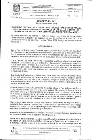 Decreto 267 2012 11 29 de la Alcaldia de Palmira