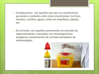  Cortopuzantes: son aquellos que por sus características
punzantes o cortantes entre estos encontramos; las limas,
lancetas, cuchillas, agujas, restos de ampolletas, pipetas,
etc.
 De animales: son aquellos provenientes de animales de
experimentación, inoculados con microorganismos
patógenos o provenientes de animales portadores de
enfermedades.
 