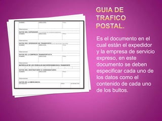 Es el documento en el
cual están el expedidor
y la empresa de servicio
expreso, en este
documento se deben
especificar cada uno de
los datos como el
contenido de cada uno
de los bultos.
 
