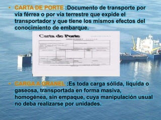 • CARTA DE PORTE :Documento de transporte por
vía férrea o por vía terrestre que expide el
transportador y que tiene los mismos efectos del
conocimiento de embarque.
• CARGA A GRANEL :Es toda carga sólida, líquida o
gaseosa, transportada en forma masiva,
homogénea, sin empaque, cuya manipulación usual
no deba realizarse por unidades.
 
