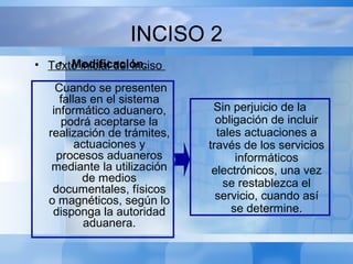 INCISO 2
Cuando se presenten
fallas en el sistema
informático aduanero,
podrá aceptarse la
realización de trámites,
actuaciones y
procesos aduaneros
mediante la utilización
de medios
documentales, físicos
o magnéticos, según lo
disponga la autoridad
aduanera.
• Modificación.
Sin perjuicio de la
obligación de incluir
tales actuaciones a
través de los servicios
informáticos
electrónicos, una vez
se restablezca el
servicio, cuando así
se determine.
• Texto inicial del inciso
 