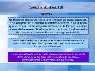 Incurrir en inexactitudes o errores entre la información incorporada al
sistema informático aduanero y la contenida en los documentos de
transporte por él emitidos.
Texto Inicial del Art. 498
La sanción aplicable será de multa equivalente al cincuenta por ciento
(50%) del valor de los fletes internacionalmente aceptados,
correspondientes a la mercancía de que se trate.
No transmitir electrónicamente, o no entregar en medio magnético,
o no incorporar en el sistema informático aduanero, o en el medio
que se indique, dentro del plazo previsto y en la forma que indique
la autoridad aduanera, la información contenida en los documentos
de transporte correspondientes a la carga consolidada
GRAVES
 