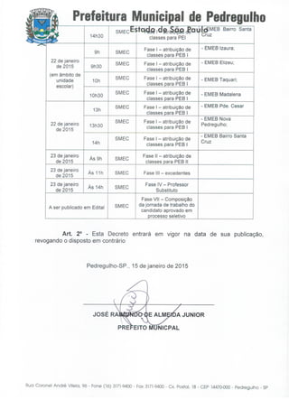 PREFEITURA DIVULGA DECRETO COM CALENDÁRIO PARA ATRIBUIÇÃO DE CLASSES E AULAS 2015