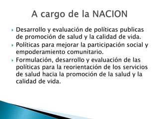  Desarrollo y evaluación de políticas publicas 
de promoción de salud y la calidad de vida. 
 Políticas para mejorar la participación social y 
empoderamiento comunitario. 
 Formulación, desarrollo y evaluación de las 
políticas para la reorientación de los servicios 
de salud hacia la promoción de la salud y la 
calidad de vida. 
 