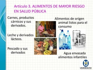Artículo 3. ALIMENTOS DE MAYOR RIESGO
    EN SALUD PÚBLICA
Carnes, productos        Alimentos de origen
  cárnicos y sus            animal listos para el
  derivados.                consumo

Leche y derivados
  lácteos.

Pescado y sus
  derivados                    Agua envasada
                           alimentos infantiles
 