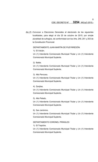 8
CDE. DECRETO Nº 3254 MGJyC-2015.-
Art. 3º.- Convocar a Elecciones Generales al electorado de las siguientes
localidades, para elegir el día 25 de octubre de 2015, por simple
pluralidad de sufragios, de conformidad con los Arts. 249, 251 y 253 de
la Constitución Provincial:
DEPARTAMENTO JUAN MARTÍN DE PUEYRREDÓN
1) El Volcán.
Un (1) Intendente Comisionado Municipal Titular y Un (1) Intendente
Comisionado Municipal Suplente.
2) Balde.
Un (1) Intendente Comisionado Municipal Titular y Un (1) Intendente
Comisionado Municipal Suplente.
3) Alto Pencoso.
Un (1) Intendente Comisionado Municipal Titular y Un (1) Intendente
Comisionado Municipal Suplente.
4) Zanjitas.
Un (1) Intendente Comisionado Municipal Titular y Un (1) Intendente
Comisionado Municipal Suplente.
5) Alto Pelado.
Un (1) Intendente Comisionado Municipal Titular y Un (1) Intendente
Comisionado Municipal Suplente.
6) San Jerónimo.
Un (1) Intendente Comisionado Municipal Titular y Un (1) Intendente
Comisionado Municipal Suplente.
DEPARTAMENTO CORONEL PRINGLES
1) El Trapiche.
Un (1) Intendente Comisionado Municipal Titular y Un (1) Intendente
Comisionado Municipal Suplente.
 