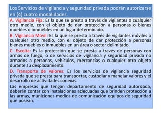 Los Servicios de vigilancia y seguridad privada podrán autorizarse
en (4) cuatro modalidades.
A. Vigilancia Fija: Es la qu...