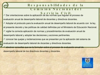 Dar orientaciones sobre la aplicación de las normas que regulan el proceso de evaluación anual de desempeño laboral de docentes y directivos docentes. Adoptar el protocolo para la evaluación anual de desempeño laboral de acuerdo con  la ley, el presente decreto y las políticas de calidad definidas por el Ministerio de Educación Nacional. vigilar la correcta aplicación de normas y procedimientos de evaluación anual de desempeño laboral y adoptar las decisiones y acciones pertinentes. conocer las quejas y reclamaciones que se presenten por la aplicación del sistema de evaluación de desempeño laboral de docentes y directivos docentes. absolver consultas que se le formulen sobre el proceso de evaluación anual de desempeño laboral de los directivos docentes y docentes. Responsabilidades de la Comisión Nacional del Servicio Civil . 